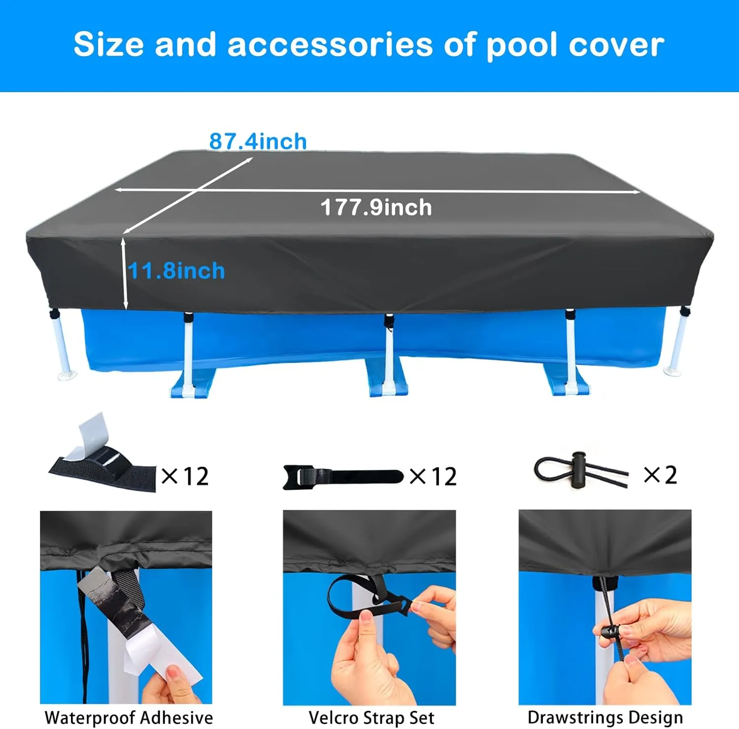 14 x 7 Rectangle Pool Cover 177 X 87inch Rectangular Pool Covers 178.8 inch Dustproof Waterproof Rainproof 14 ft Pool Cover for Above Ground Pools 178x86 Durable and Tear-Resistant Winter Pool Cover