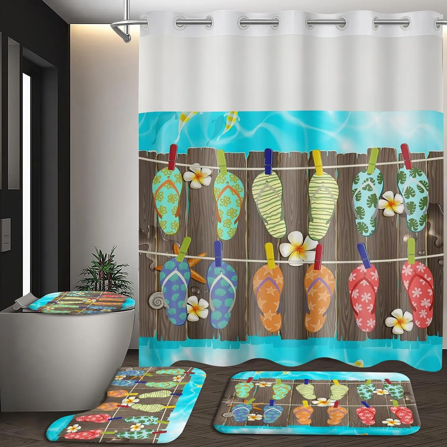 1/4Pcs Summer Ocean Beach Seaside Seascape Vacation Beach Shoes No Hooks Double Layers Shower Curtain Liner and Bath Mat Set, Hook Free Window For Bathroom Home Hotel Decor (Shower Curtain(71x96in))