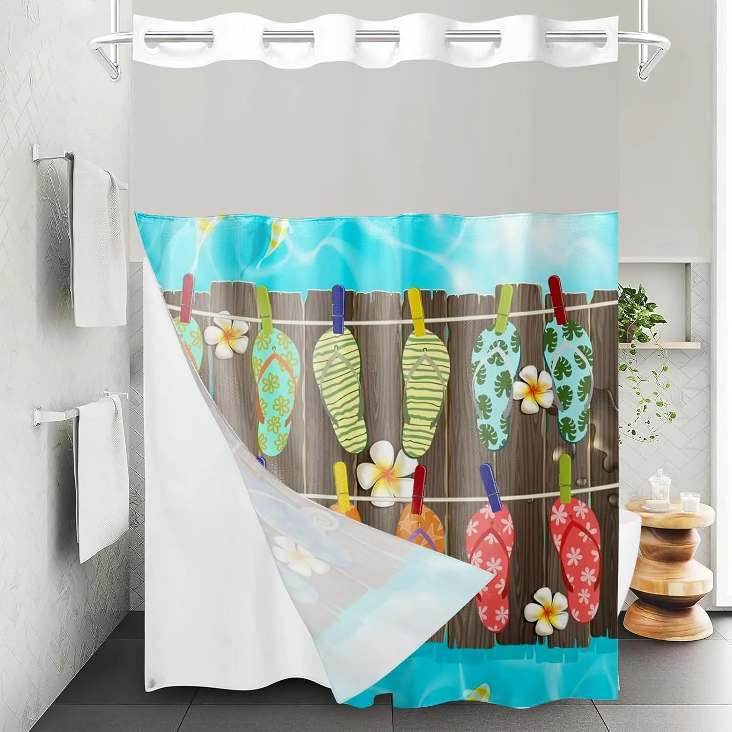 1/4Pcs Summer Ocean Beach Seaside Seascape Vacation Beach Shoes No Hooks Double Layers Shower Curtain Liner and Bath Mat Set, Hook Free Window For Bathroom Home Hotel Decor (Shower Curtain(71x96in))