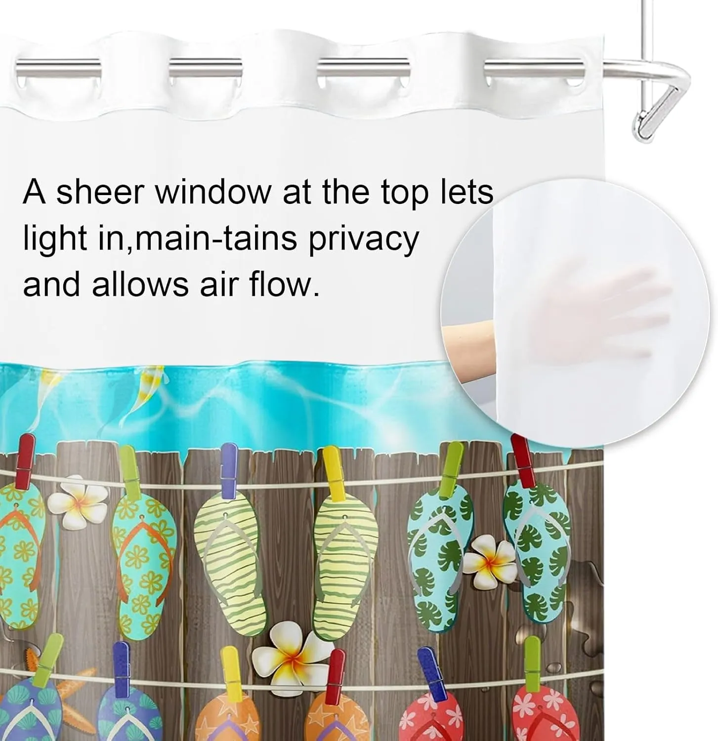 1/4Pcs Summer Ocean Beach Seaside Seascape Vacation Beach Shoes No Hooks Double Layers Shower Curtain Liner and Bath Mat Set, Hook Free Window For Bathroom Home Hotel Decor (Shower Curtain(71x96in))
