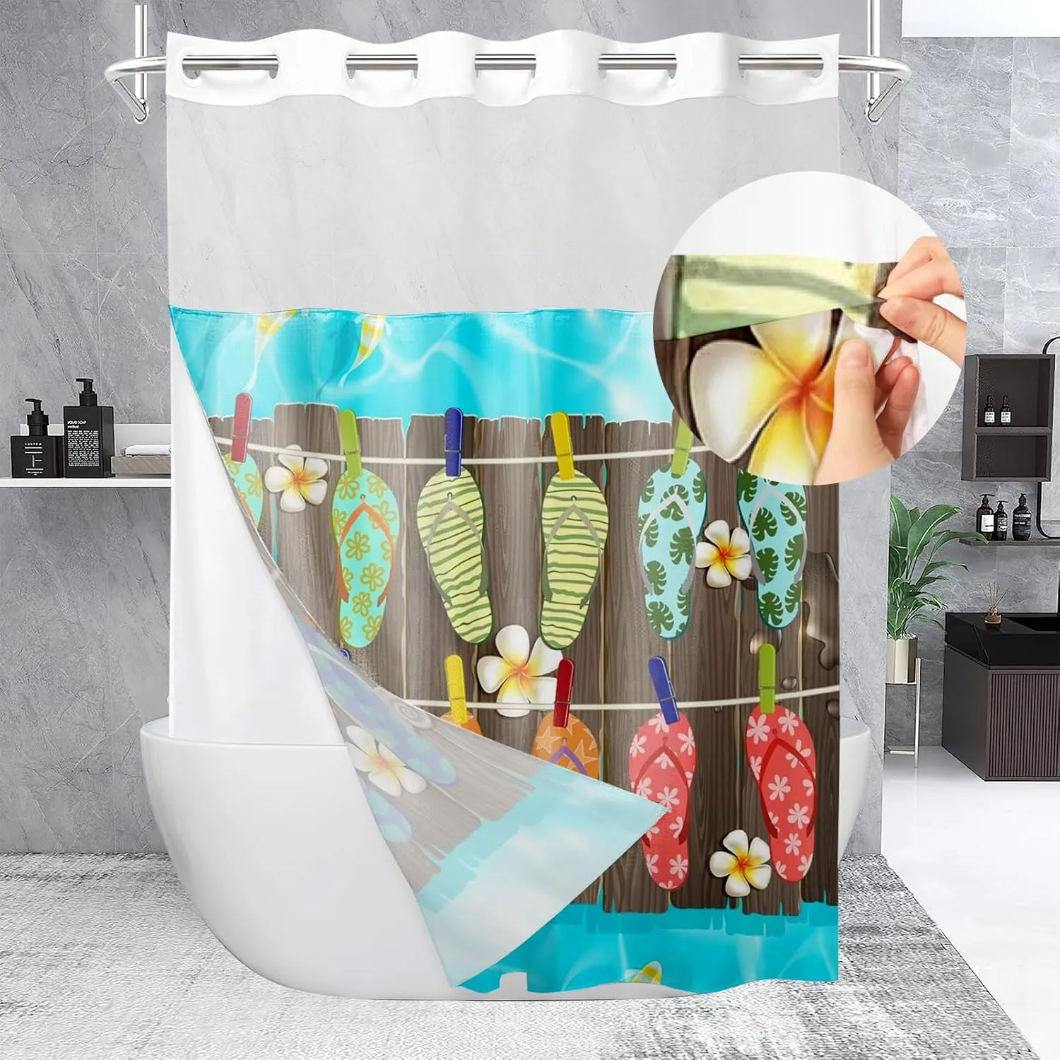 1/4Pcs Summer Ocean Beach Seaside Seascape Vacation Beach Shoes No Hooks Double Layers Shower Curtain Liner and Bath Mat Set, Hook Free Window For Bathroom Home Hotel Decor (Shower Curtain(71x96in))