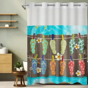 1/4Pcs Summer Ocean Beach Seaside Seascape Vacation Beach Shoes No Hooks Double Layers Shower Curtain Liner and Bath Mat Set, Hook Free Window For Bathroom Home Hotel Decor (Shower Curtain(71x96in))