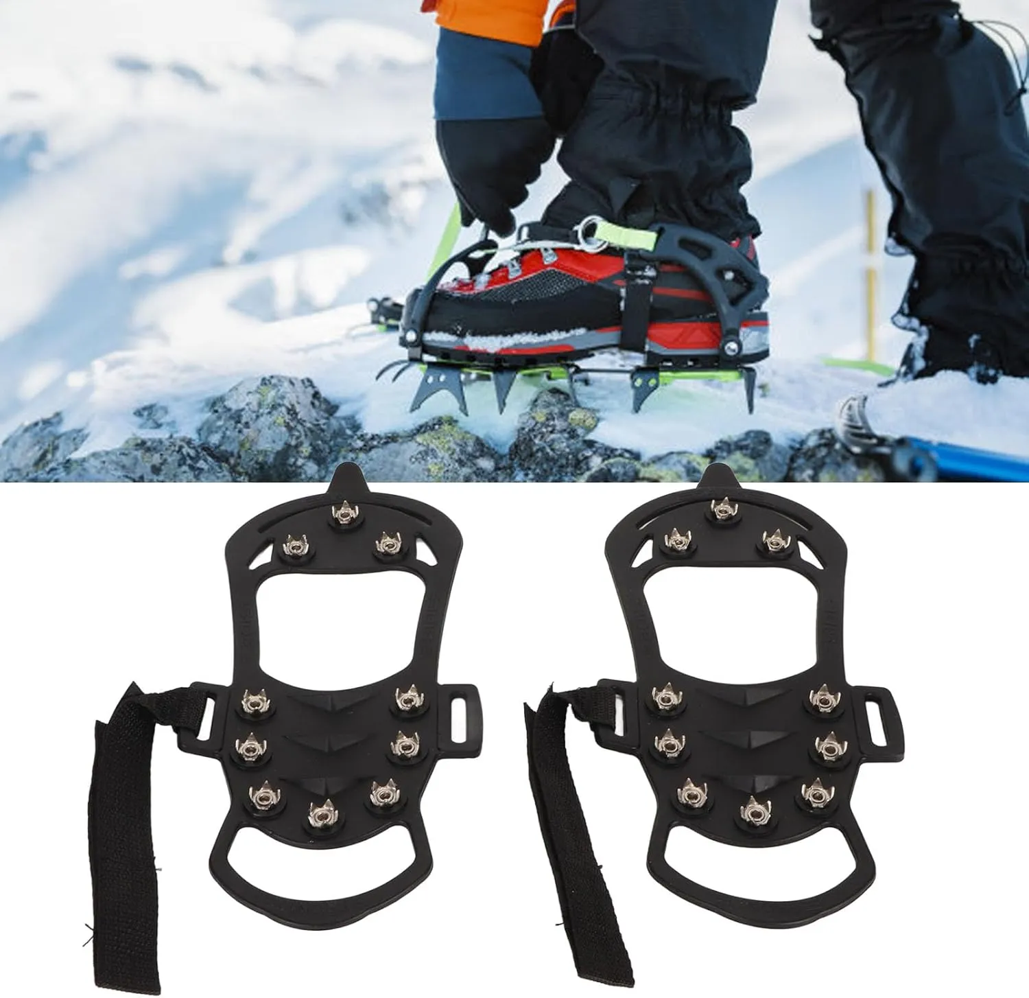 1pair Ice Cleats Snow Traction Cleats Anti Slip Crampons 10 Teeth Rubber Stainless Steel Foldable Crampon for Ice Fishing Mountaineering Rock Climbing