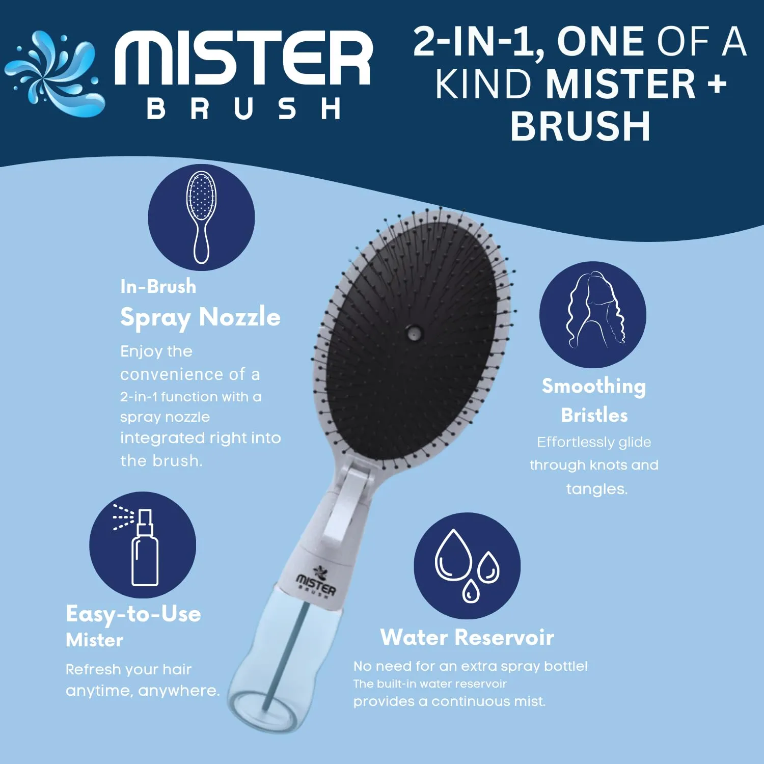 2-in-1 Hairbrush Mister – Innovative Hair Mist & Brushing Tool for Wet & Dry Hair Styling – No-Tangle Bristles, Convenient Water Reservoir, Easy-to-Use (White)