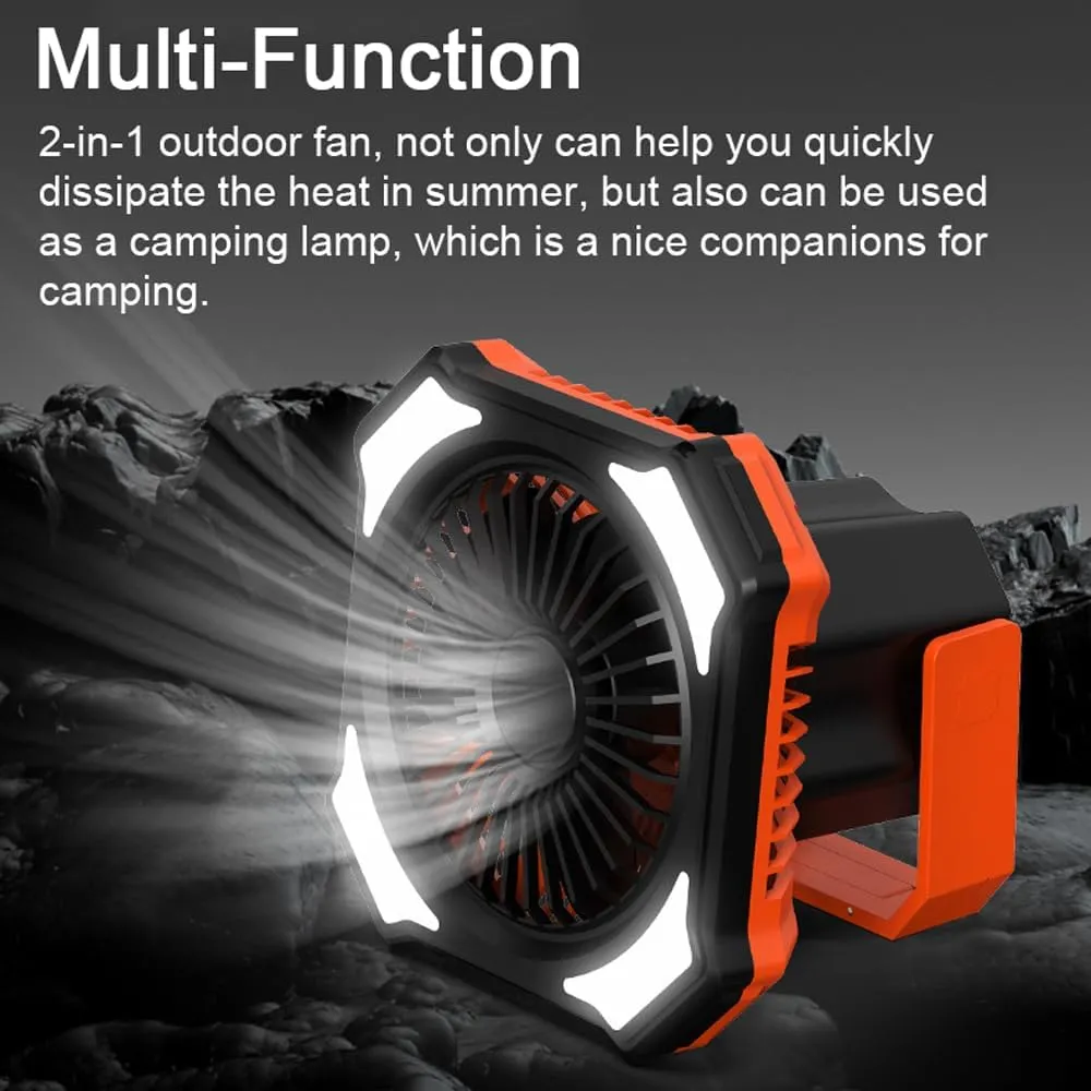 2-in-1 Outdoor Fan, Camping Lamp with 3 Wind Speeds and 3 Brightness Levels for Home Office Picnic Fishing