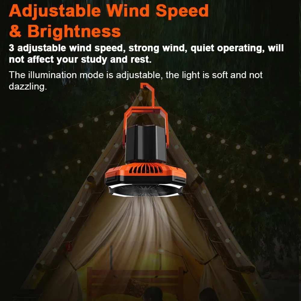 2-in-1 Outdoor Fan, Camping Lamp with 3 Wind Speeds and 3 Brightness Levels for Home Office Picnic Fishing