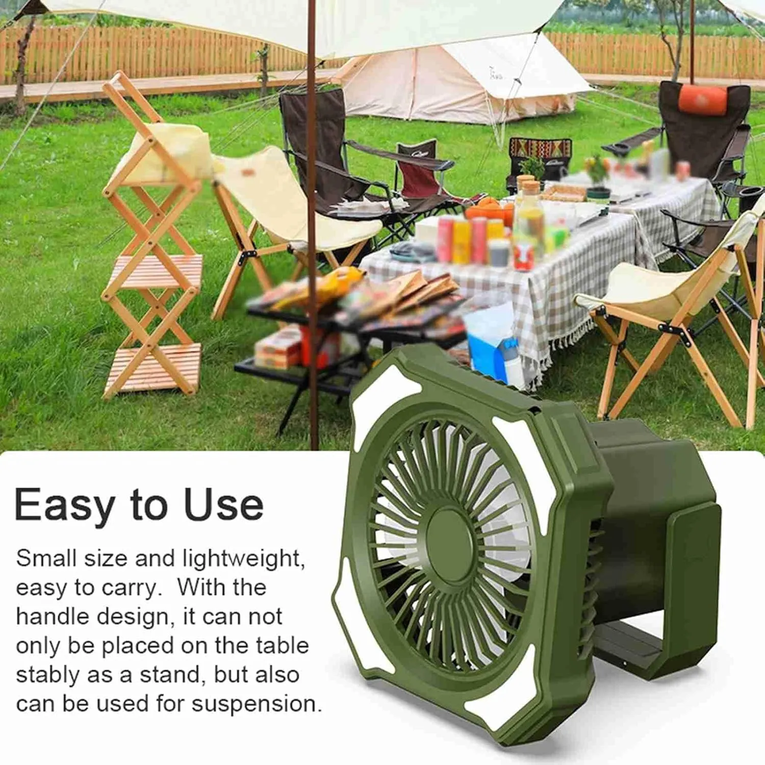 2-in-1 Outdoor Fan, Camping Lamp with 3 Wind Speeds and 3 Brightness Levels for Home Office Picnic Fishing