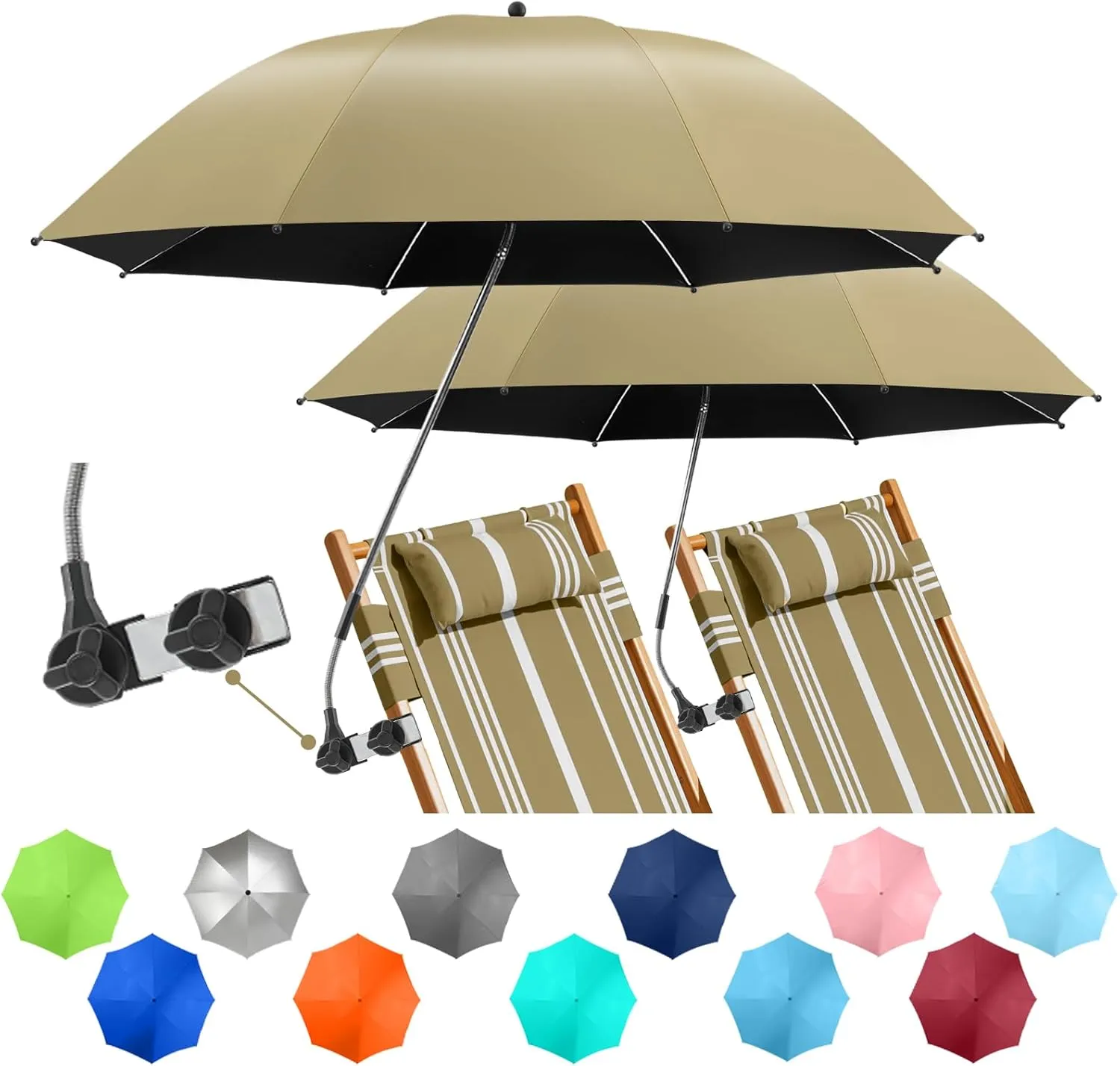 2 PACK Beach Umbrella with Clamp, 360 ° Adjustable Umbrellas for Chair, UPF50  Umbrella for Beach Chair, Patio Chair, Wheelchair, Camping Chair, Golf Carts (Chair Not Included)