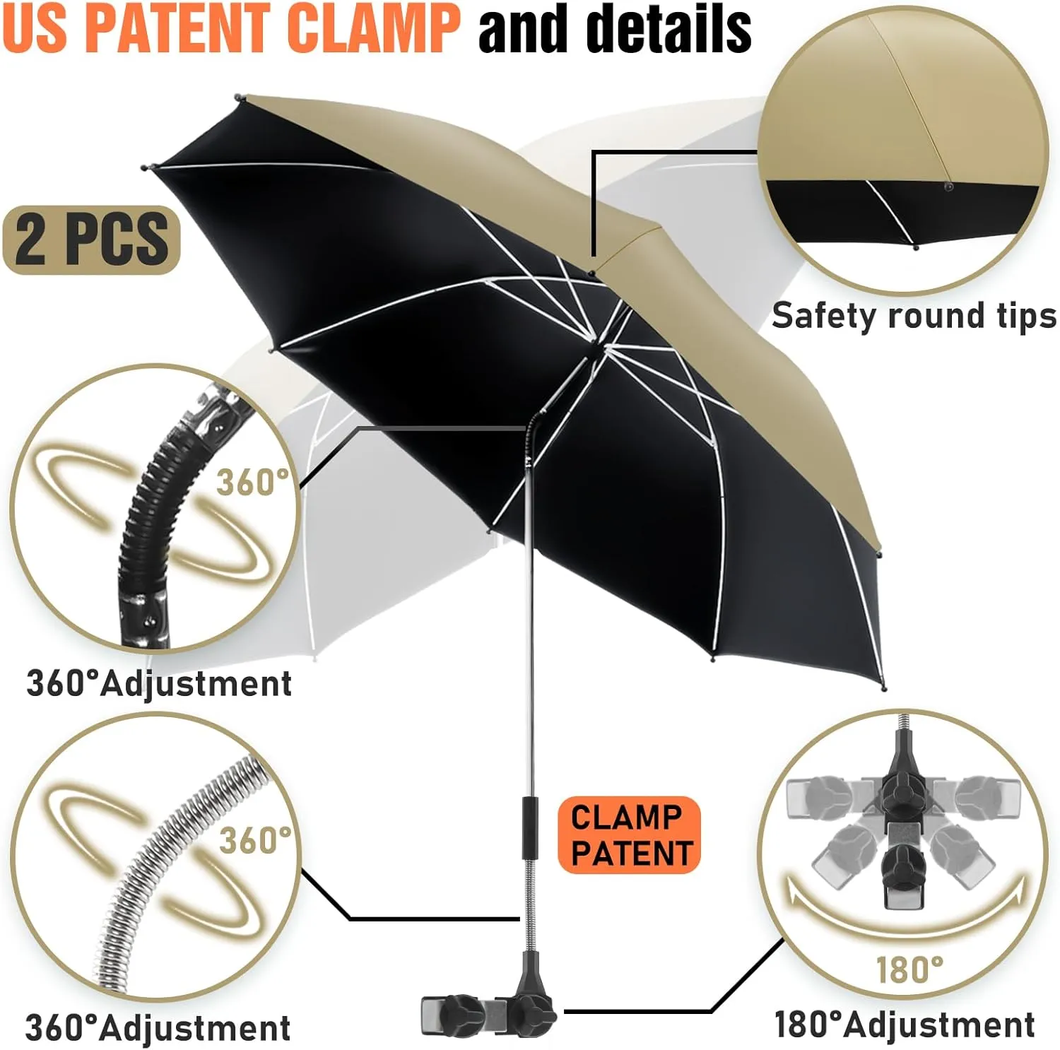 2 PACK Beach Umbrella with Clamp, 360 ° Adjustable Umbrellas for Chair, UPF50  Umbrella for Beach Chair, Patio Chair, Wheelchair, Camping Chair, Golf Carts (Chair Not Included)