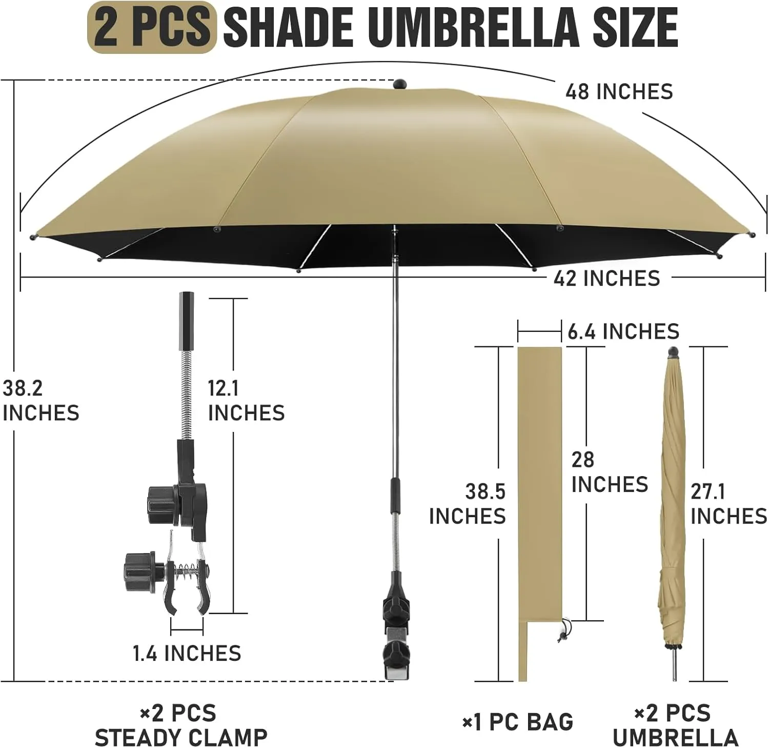 2 PACK Beach Umbrella with Clamp, 360 ° Adjustable Umbrellas for Chair, UPF50  Umbrella for Beach Chair, Patio Chair, Wheelchair, Camping Chair, Golf Carts (Chair Not Included)