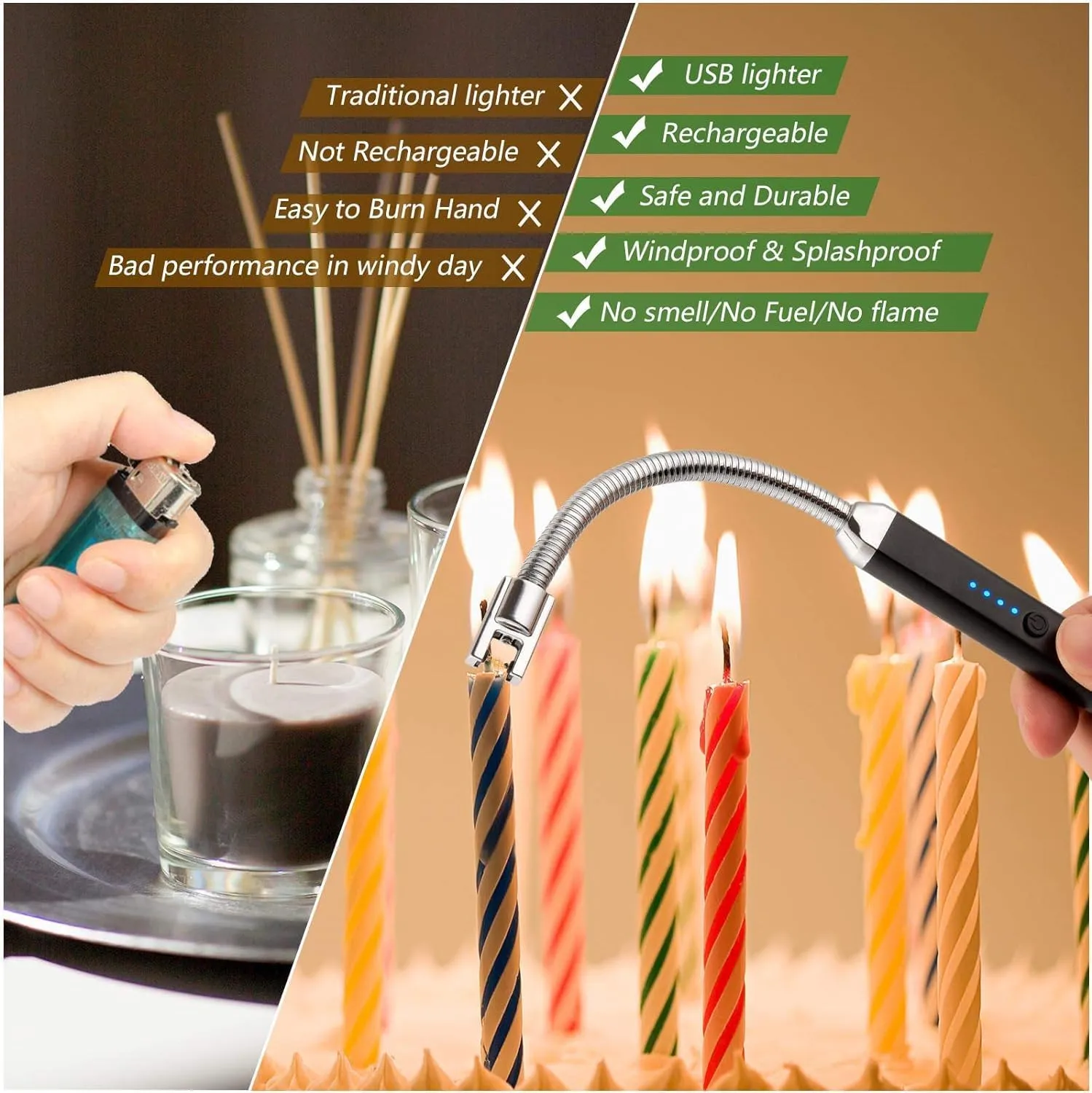 2 Pack Electric Candle Lighter - Long Rechargeable USB Arc Windproof Flameless Lighters for Candle, Camping, BBQ