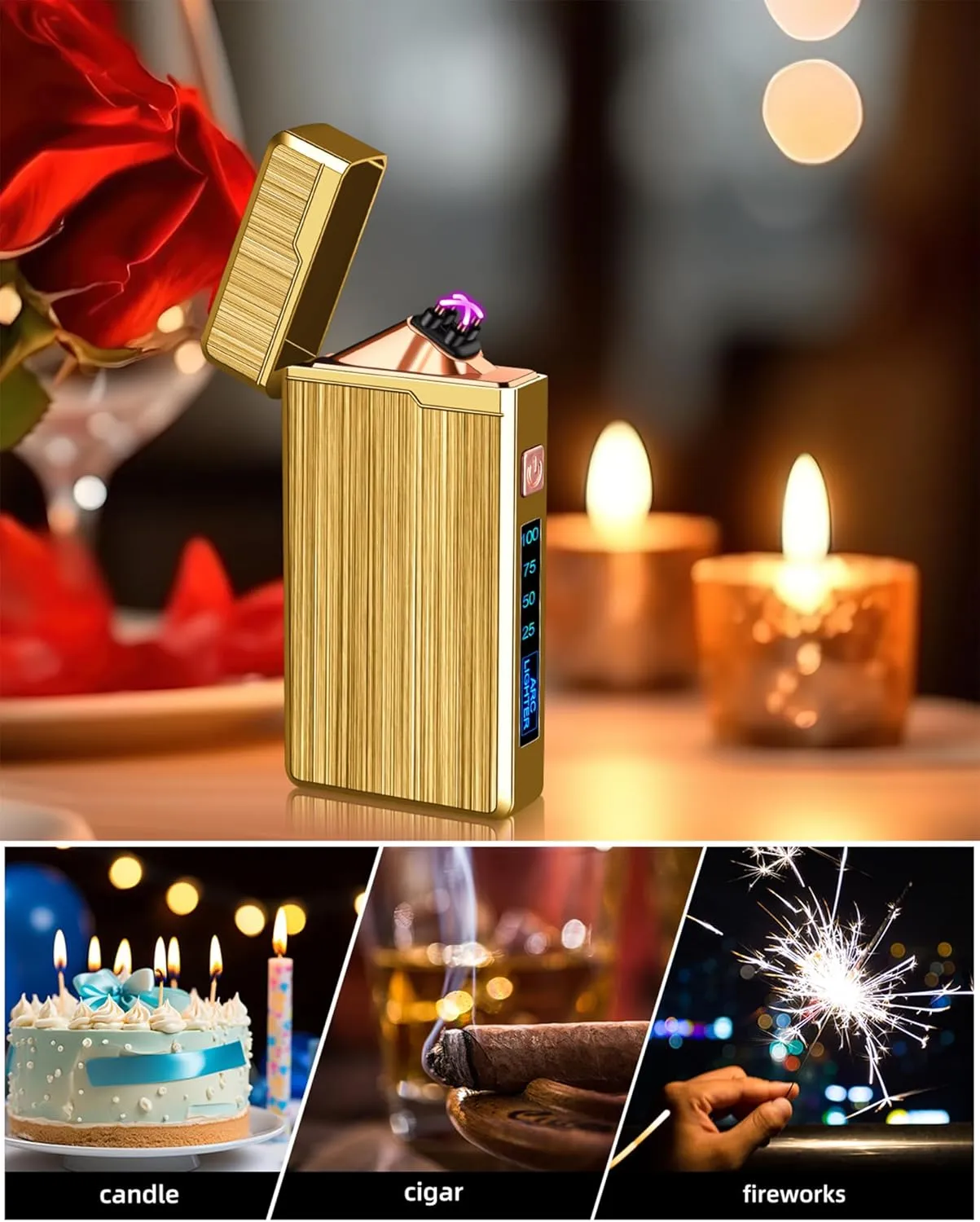 2 Pack Electric Lighter, USB Rechargeable, Plasma Dual Arc, Windproof Flameless, Pocket Metal Lighter with LED Battery Indication for Indoor Outdoor (Black & Gold)
