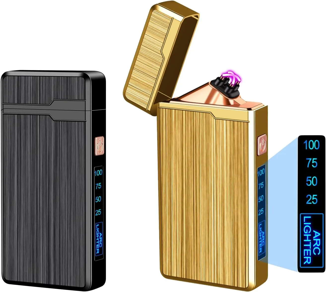 2 Pack Electric Lighter, USB Rechargeable, Plasma Dual Arc, Windproof Flameless, Pocket Metal Lighter with LED Battery Indication for Indoor Outdoor (Black & Gold)