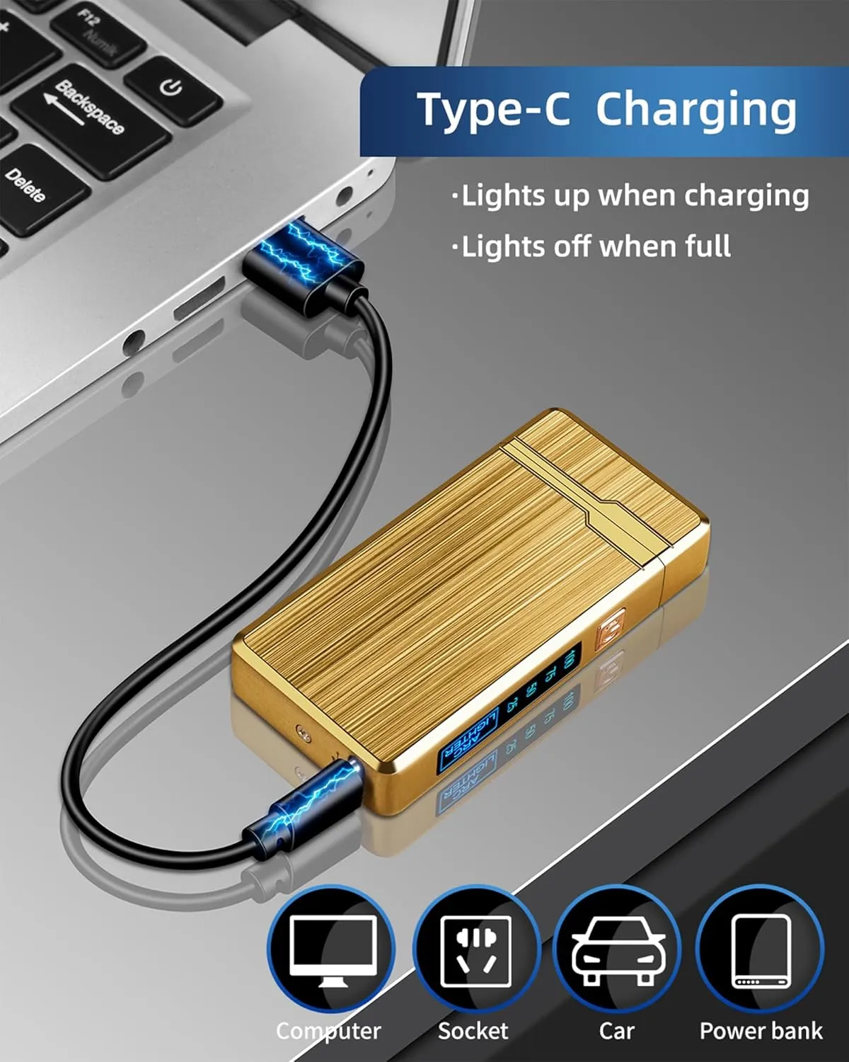 2 Pack Electric Lighter, USB Rechargeable, Plasma Dual Arc, Windproof Flameless, Pocket Metal Lighter with LED Battery Indication for Indoor Outdoor (Black & Gold)