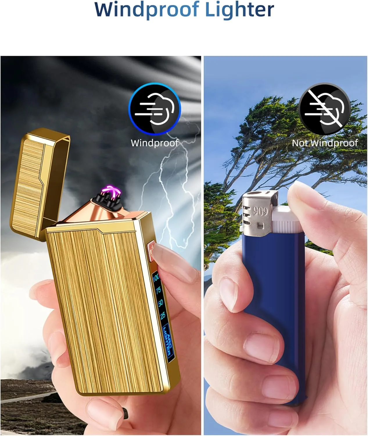 2 Pack Electric Lighter, USB Rechargeable, Plasma Dual Arc, Windproof Flameless, Pocket Metal Lighter with LED Battery Indication for Indoor Outdoor (Black & Gold)