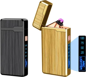 2 Pack Electric Lighter, USB Rechargeable, Plasma Dual Arc, Windproof Flameless, Pocket Metal Lighter with LED Battery Indication for Indoor Outdoor (Black & Gold)