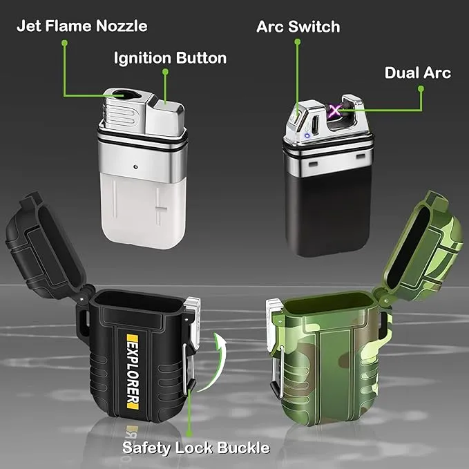 2 Pack Waterproof Lighter Outdoor Windproof Torch Lighter Dual Arc Lighter Butane Electric Lighter USB Rechargeable Lighter Flameless Plasma Lighter