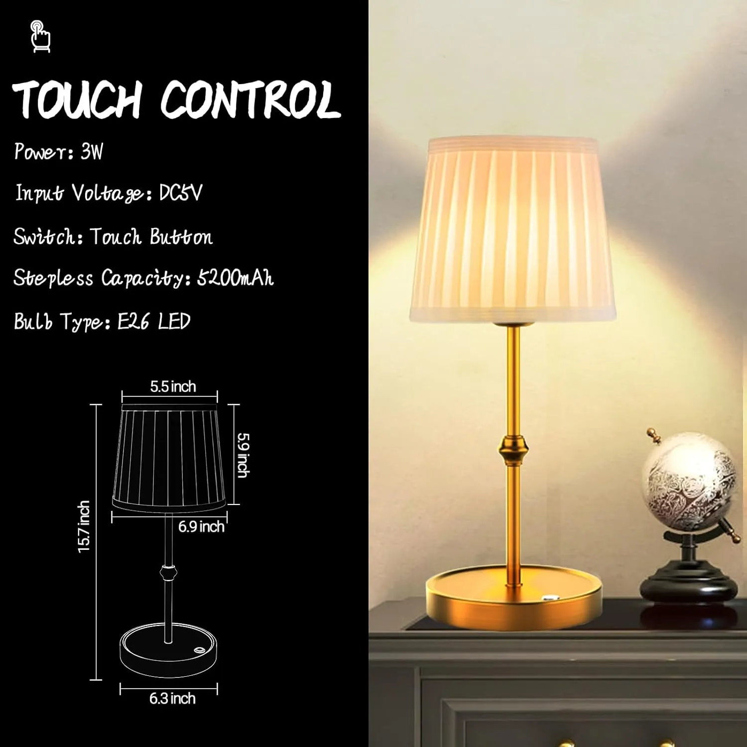 2 PCS 5200mAh Cordless LED Table Lamp,3-Level Brightness, Rechargeable Battery, Touch Dimmable Wireless Lamp for Reading Room, Dining Room,Bedroom,Office,Camping,Restaurant,Antique Brass