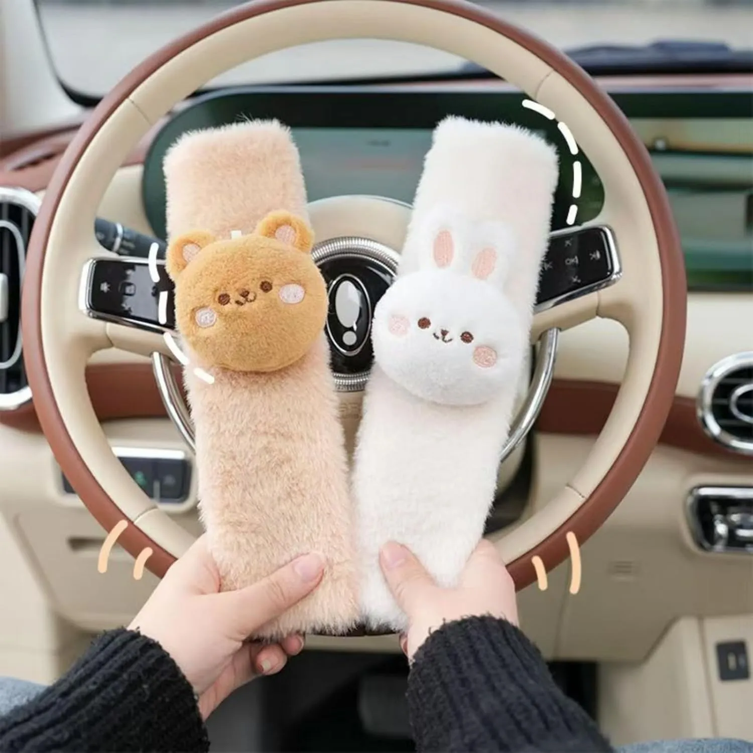 2 PCS Seat Belt Cover Pad, Cute Kawaii Animal Bear Seatbelt Covers for Kids and Adults, Winter Plush Fluffy Soft Seat Belt Cover, Cartoon Seatbelt Cushion,Car Seat Strap Pads (F-Bear)