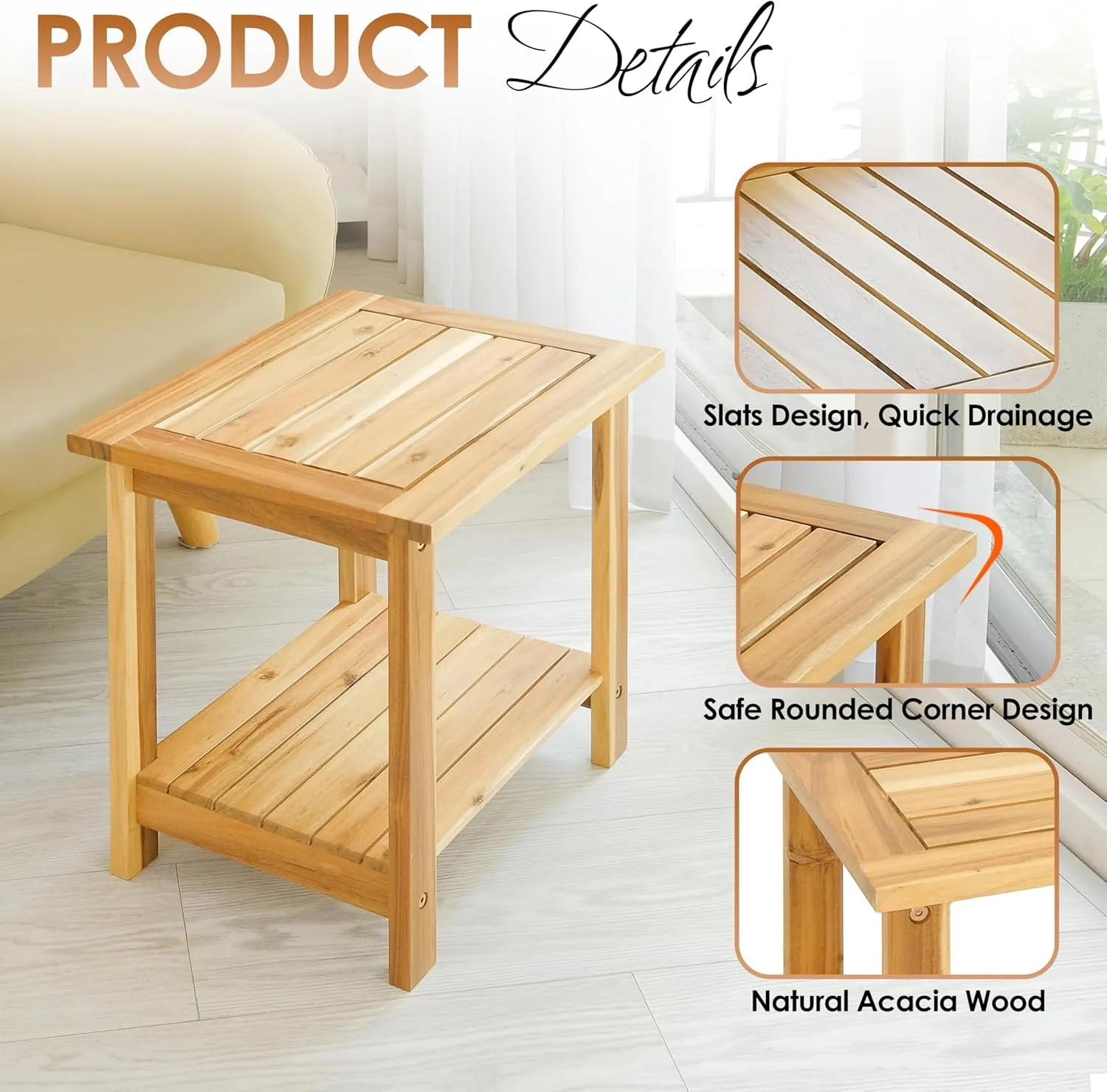 2-Tier Outdoor Side Table, Weather-Resistant End Table with Storage Shelf, Wooden Coffee Table for Indoor, Backyard, Garden, Bed, Living Room (Natural)