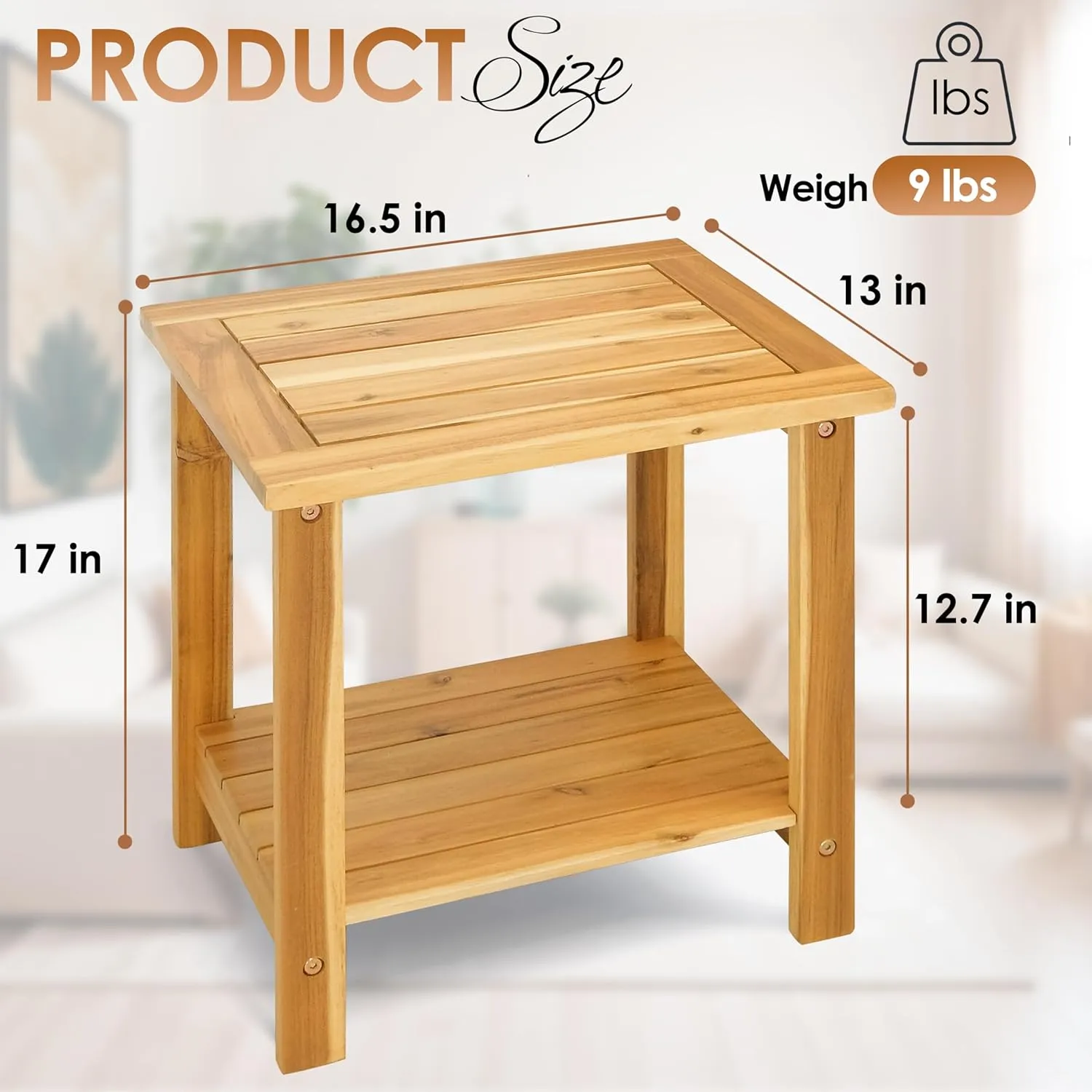 2-Tier Outdoor Side Table, Weather-Resistant End Table with Storage Shelf, Wooden Coffee Table for Indoor, Backyard, Garden, Bed, Living Room (Natural)