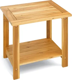 2-Tier Outdoor Side Table, Weather-Resistant End Table with Storage Shelf, Wooden Coffee Table for Indoor, Backyard, Garden, Bed, Living Room (Natural)