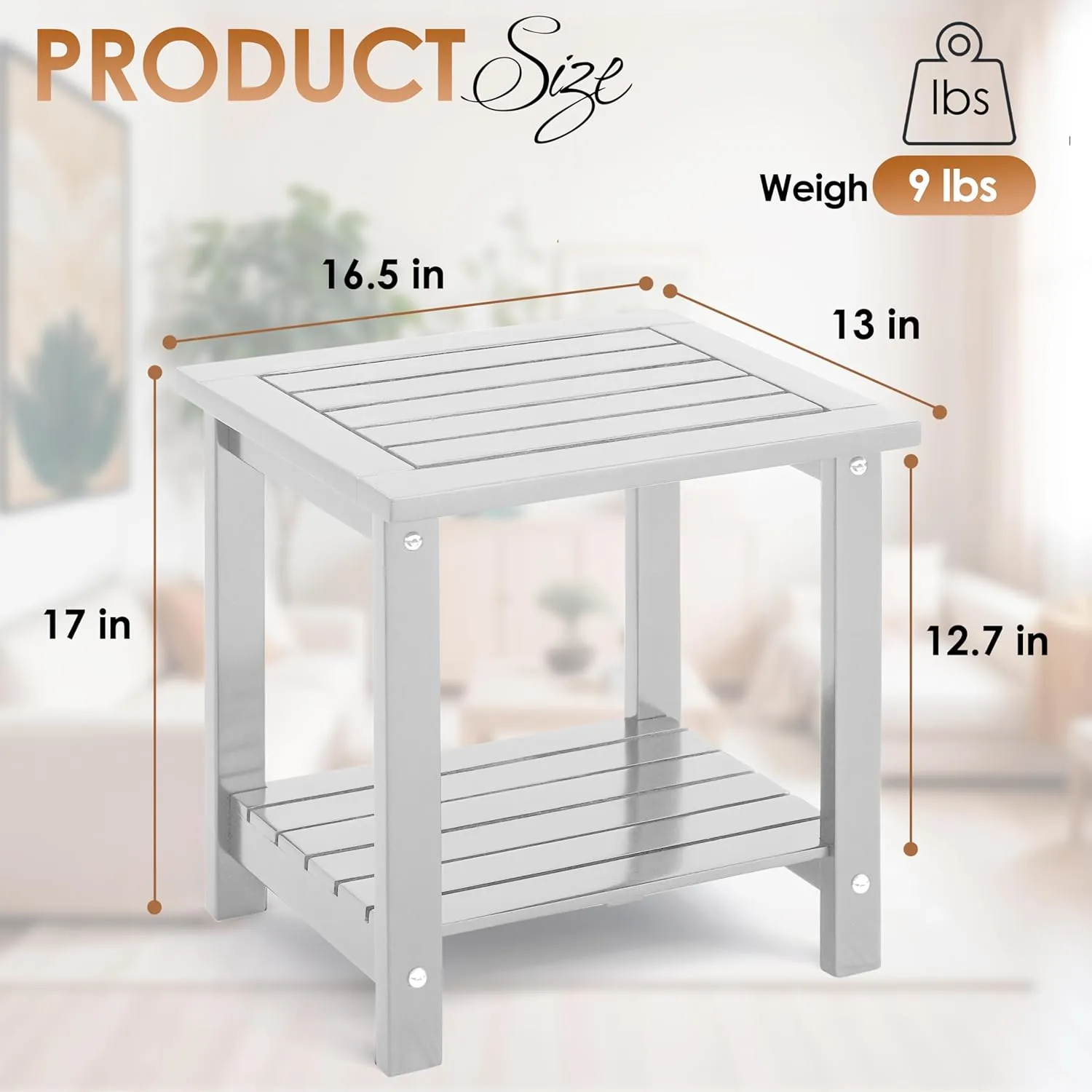 2-Tier Outdoor Side Table, Weather-Resistant End Table with Storage Shelf, Wooden Coffee Table for Indoor, Backyard, Garden, Bed, Living Room (White)