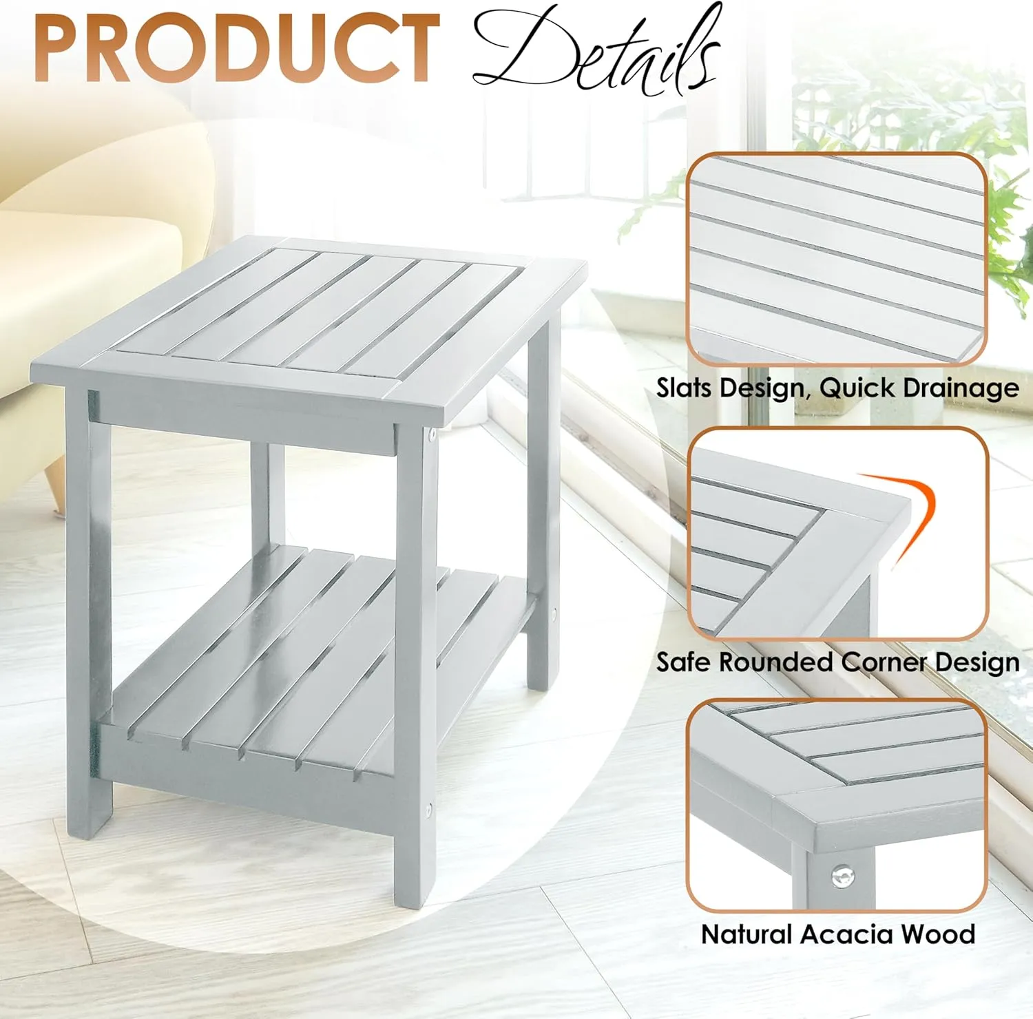 2-Tier Outdoor Side Table, Weather-Resistant End Table with Storage Shelf, Wooden Coffee Table for Indoor, Backyard, Garden, Bed, Living Room (White)