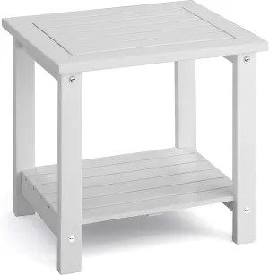 2-Tier Outdoor Side Table, Weather-Resistant End Table with Storage Shelf, Wooden Coffee Table for Indoor, Backyard, Garden, Bed, Living Room (White)
