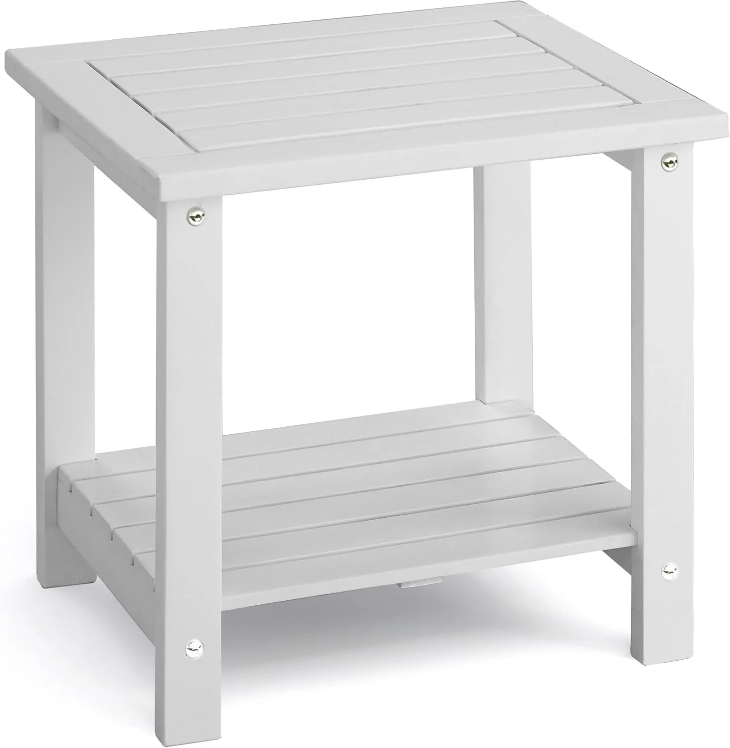 2-Tier Outdoor Side Table, Weather-Resistant End Table with Storage Shelf, Wooden Coffee Table for Indoor, Backyard, Garden, Bed, Living Room (White)