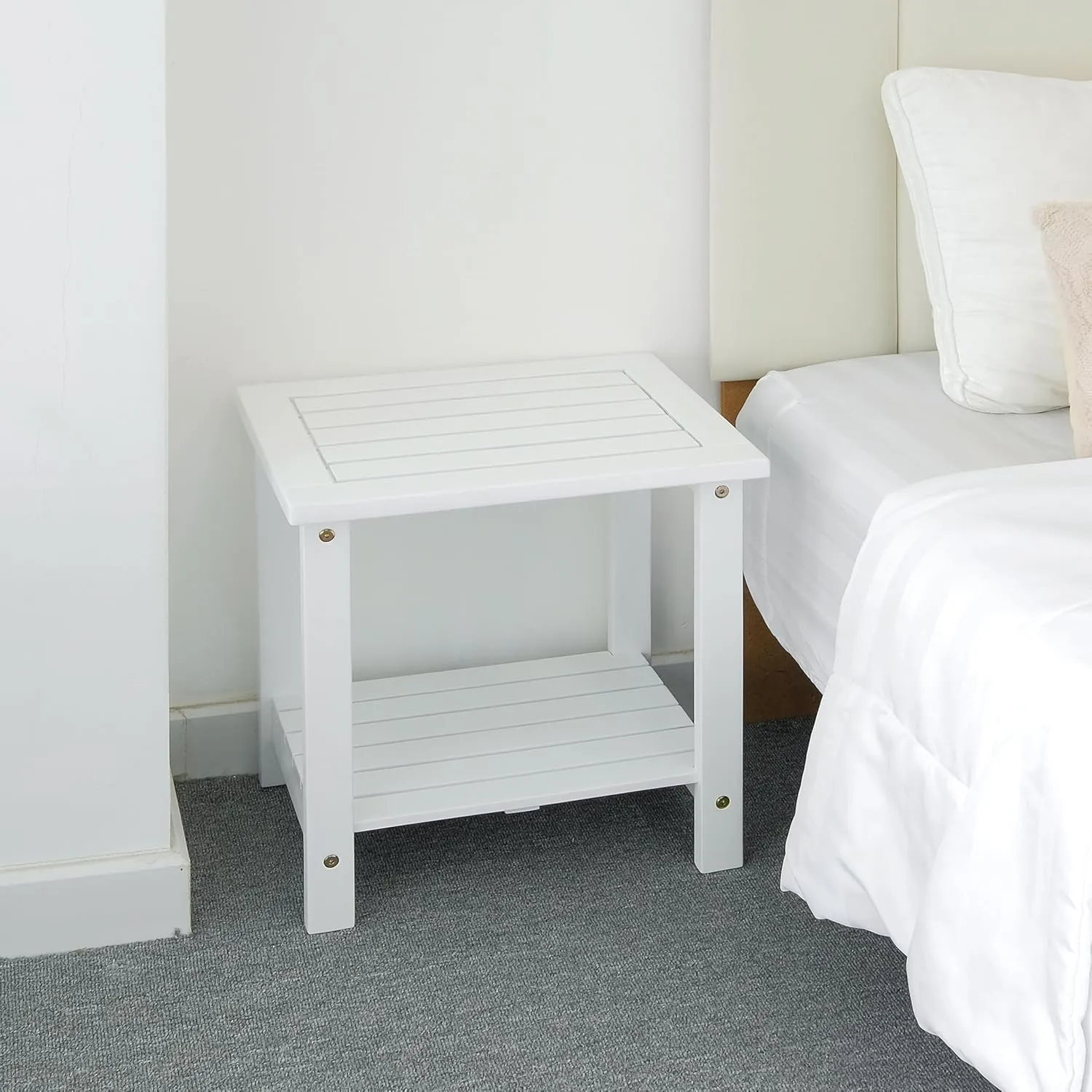 2-Tier Outdoor Side Table, Weather-Resistant End Table with Storage Shelf, Wooden Coffee Table for Indoor, Backyard, Garden, Bed, Living Room (White)