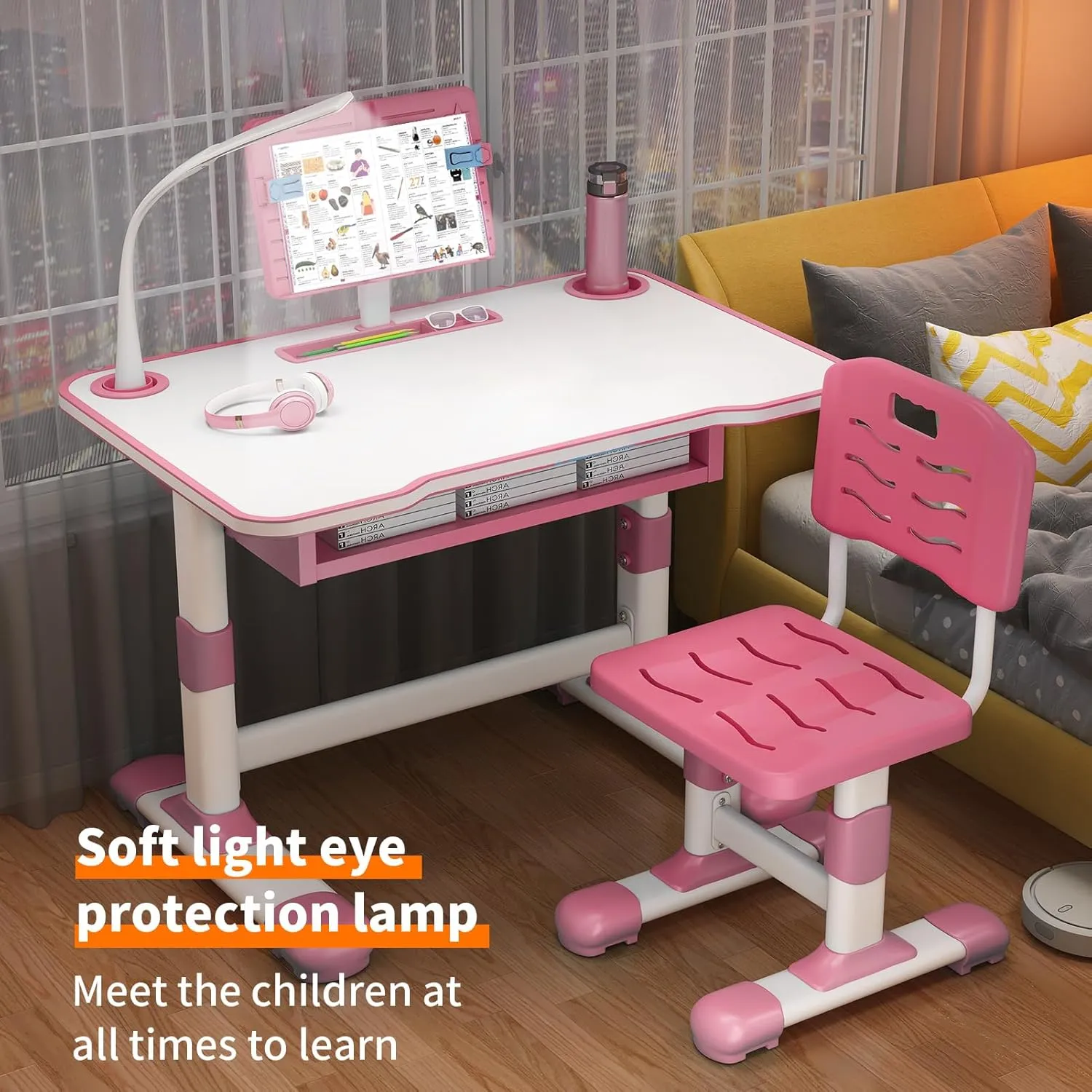 2024 Upgraded Kids Desk and Chair Set, Kids Art Desk with Tiltable Reading Stand & LED Table Light, Bedroom Children Learning Table with Extra Large Drawer Pink