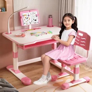 2024 Upgraded Kids Desk and Chair Set, Kids Art Desk with Tiltable Reading Stand & LED Table Light, Bedroom Children Learning Table with Extra Large Drawer Pink
