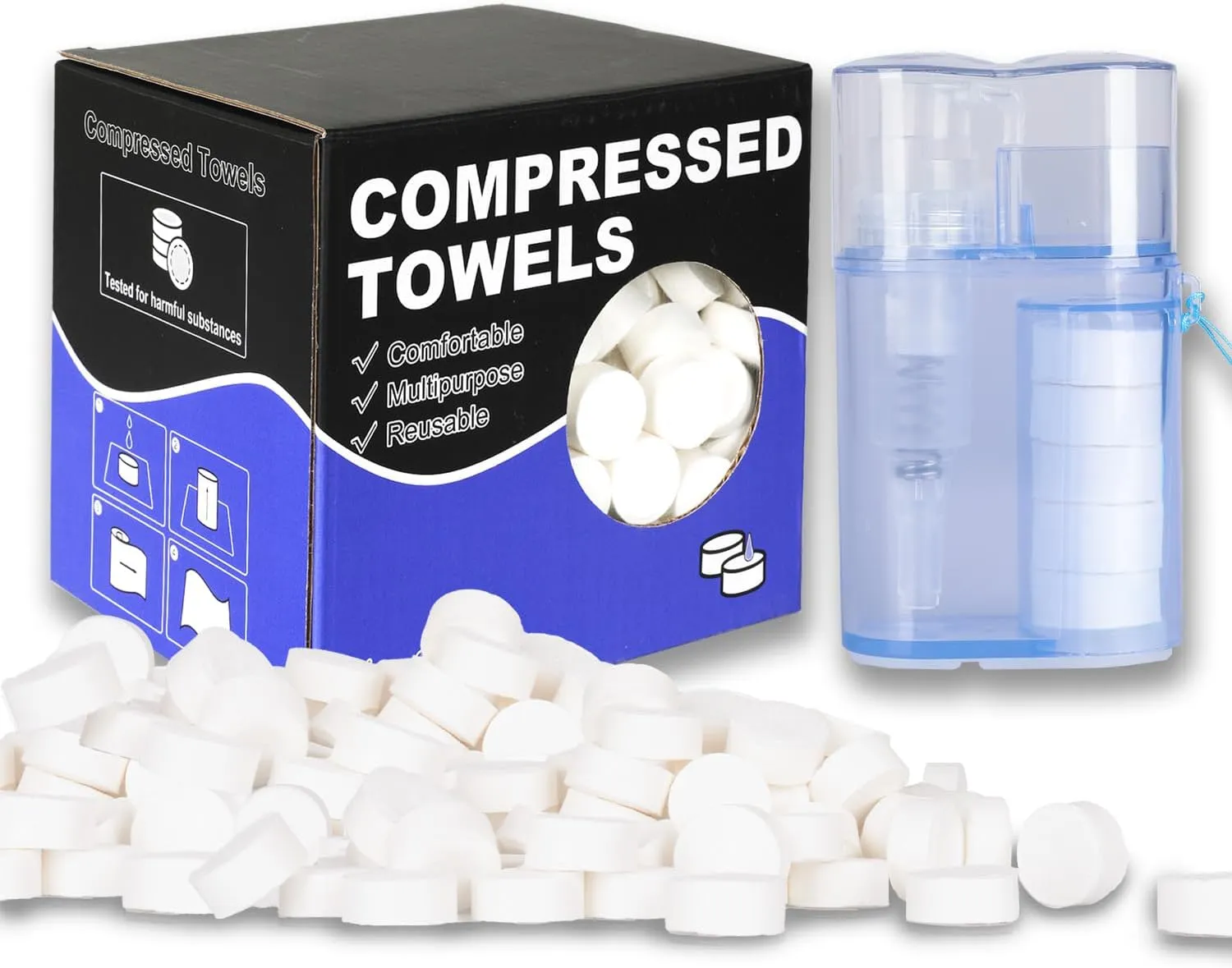 250PCS Compressed Towels Pack with Dispenser, Disposable Face Compressed Towel, Compressed Travel Towel, Camping Towel, Portable for Home Travel Camping and Outdoors