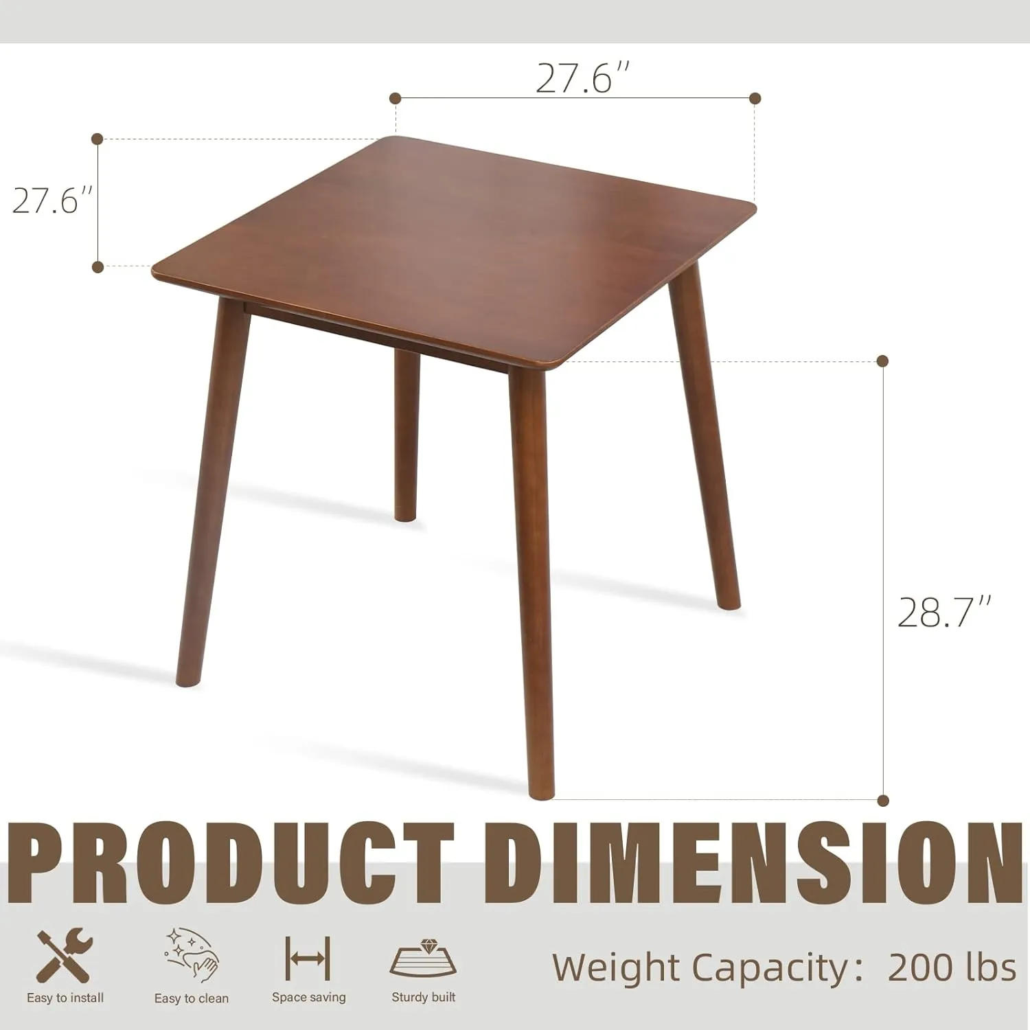 27.6" Small Dining Table Square for 2, Kitchen Dinner Table Rustic Space-Saving Dining Table Mid Century Modern Table with Solid Wood Leg for Small Spaces (Walnut)