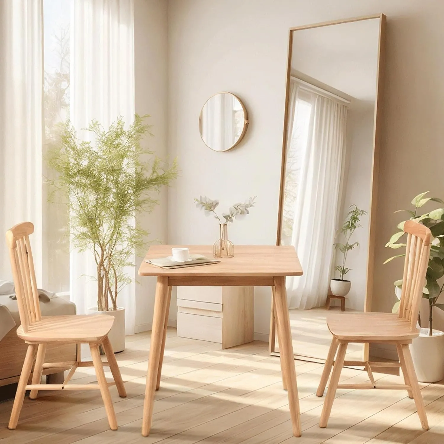 27.6" Small Square Wooden Dining Table for 2, Space-Saving Natural Kitchen Dinner Table Rustic Wood Dining Table Mid Century Modern Wood Table with Solid Wood Leg for Small Spaces