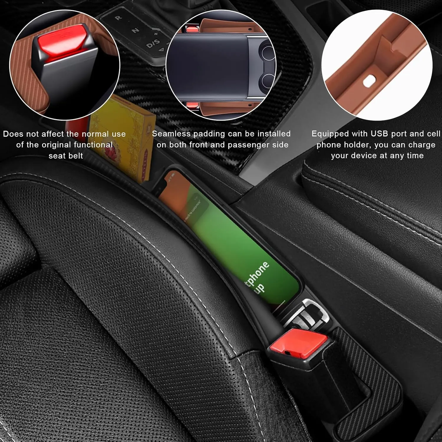 2PCS Car Seat Gap Filler Organizer, Multifunctional Seat Side Gap Filler with Phone Holder, Auto Crevice Blocker Between Seats for Prevent Essential Items from Falling (Brown)