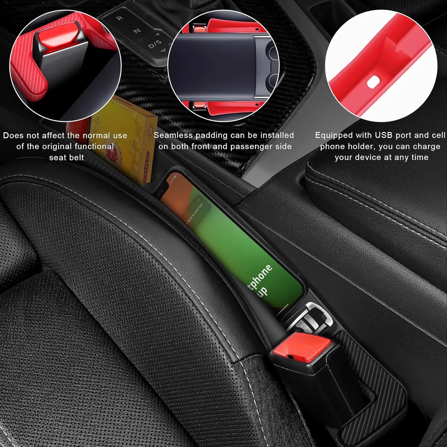 2PCS Car Seat Gap Filler Organizer, Multifunctional Seat Side Gap Filler with Phone Holder, Auto Crevice Blocker Between Seats for Prevent Essential Items from Falling (Red)
