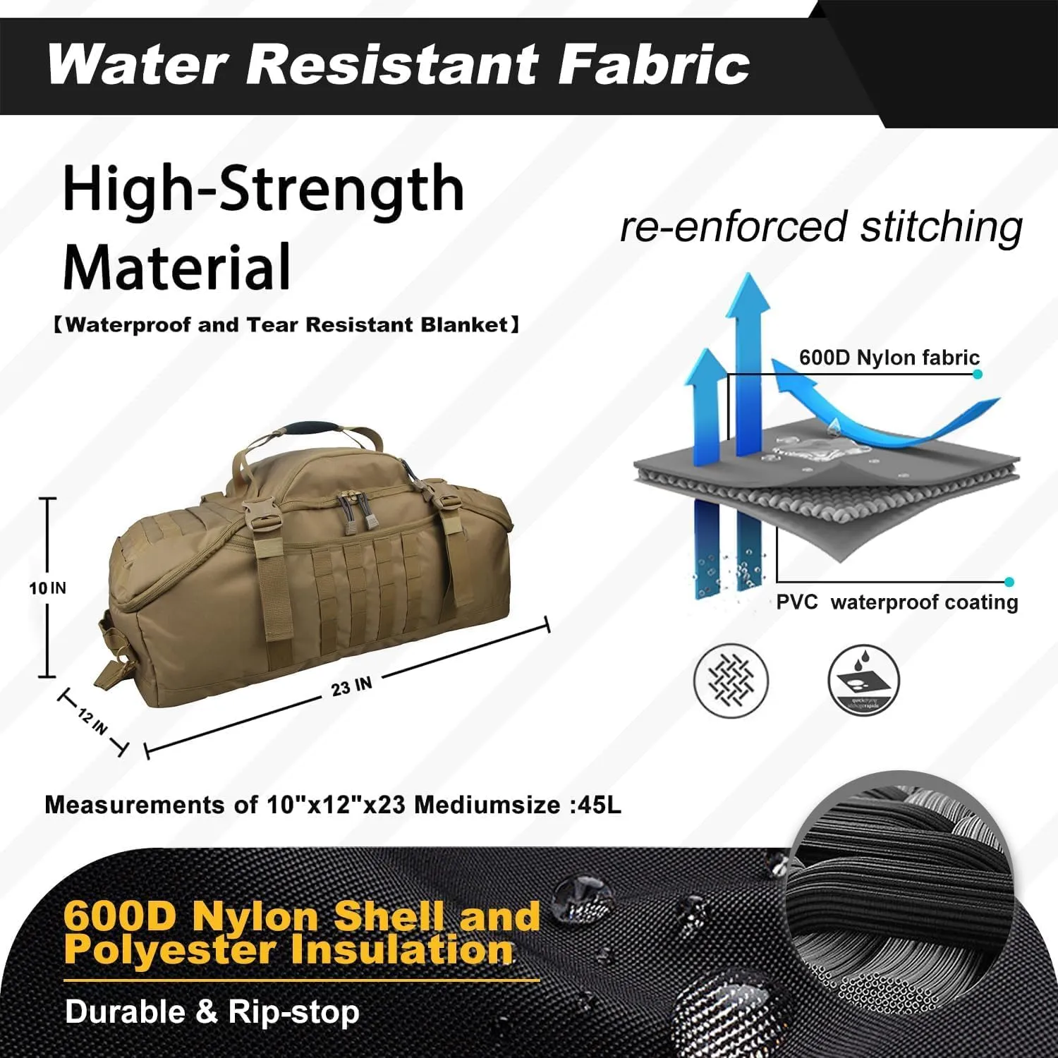 3 In 1 Tactical 45L Military Backpack Travel Duffle Bag for Weekender Gym Workout Deployment