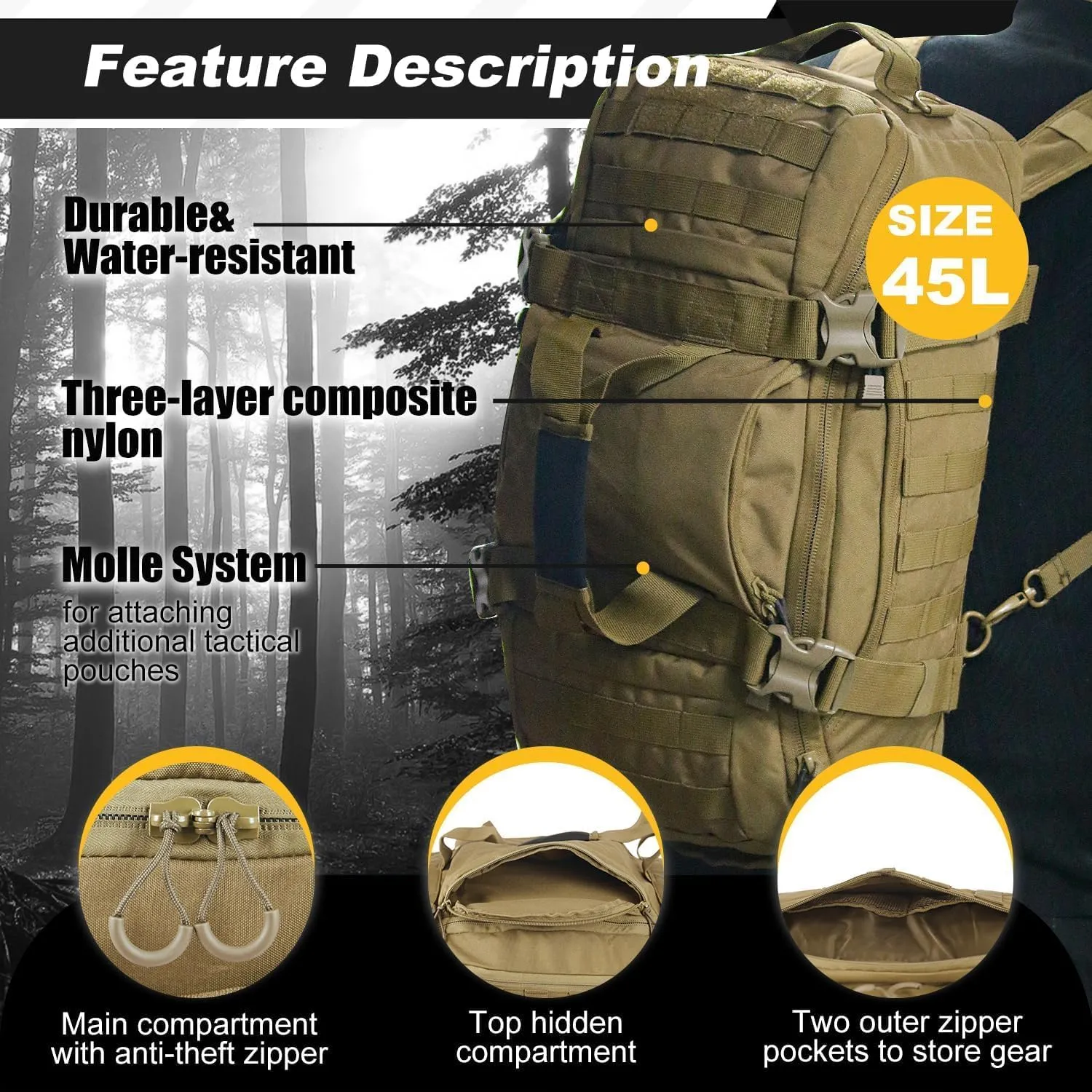 3 In 1 Tactical 45L Military Backpack Travel Duffle Bag for Weekender Gym Workout Deployment