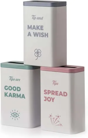 3 Pack Tip Boxes/Tip Cans with Funny Engaging Texts - Compact Size, Large Top Slit, Easy Insert, Easy Emptying for Bars, Restaurants, Cafes (TinStar)