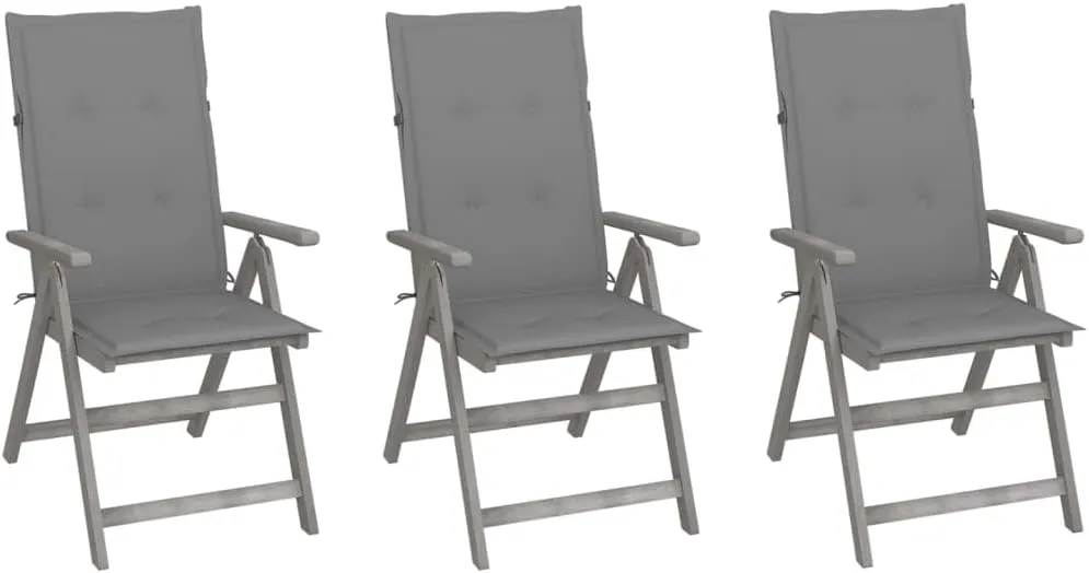 3-Piece Patio Reclining Chairs with Cushions Solid Acacia Wood Outdoor Furniture Set, Gray Wash Finish 5-Position Adjustable Backrest for Poolside Camping Backyard