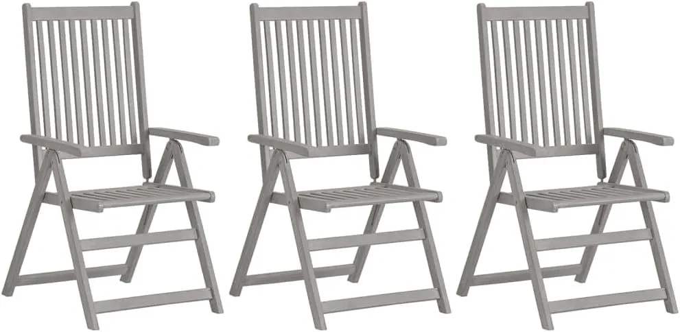3-Piece Patio Reclining Chairs with Cushions Solid Acacia Wood Outdoor Furniture Set, Gray Wash Finish 5-Position Adjustable Backrest for Poolside Camping Backyard