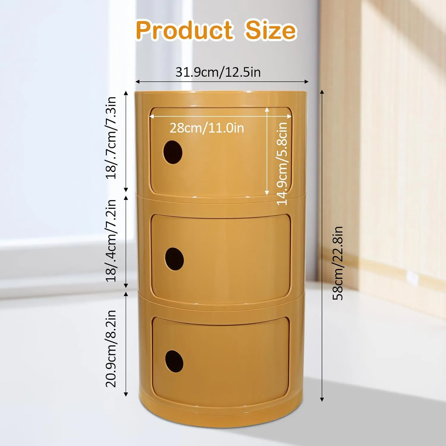3-Tier Round Bedside Table, Narrow Storage Cabinet, Small Stylish Storage Cabinet, no Installation Required, Suitable for Living Room and Bedroom, Small Space