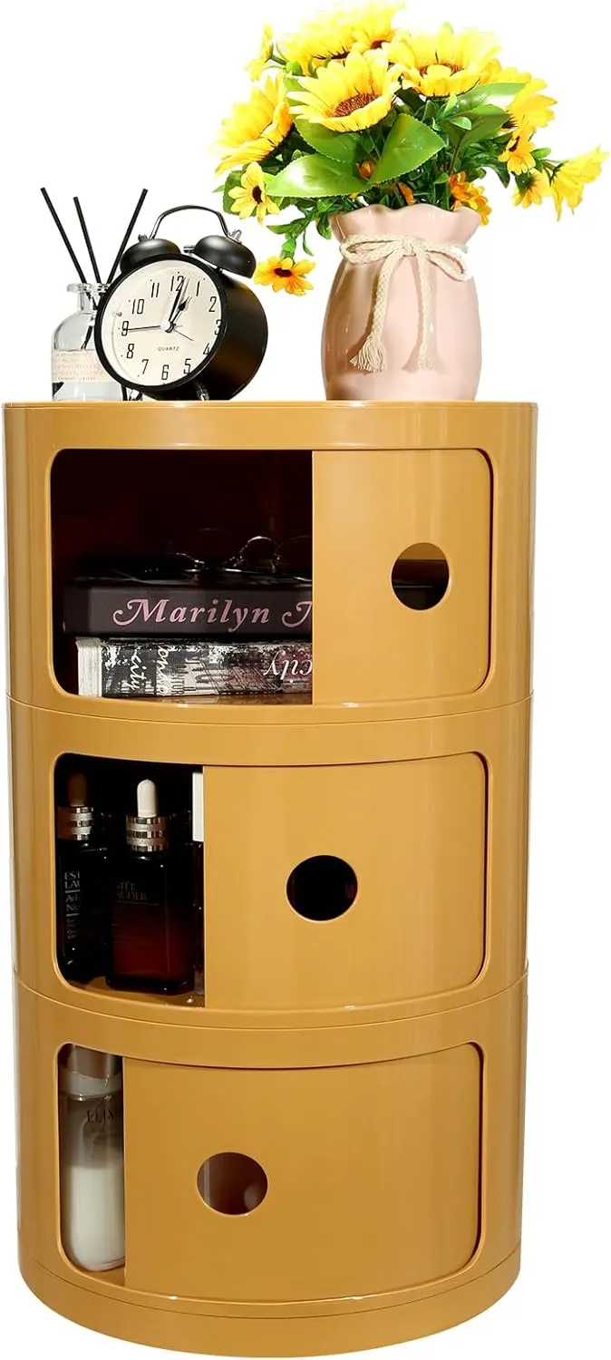 3-Tier Round Bedside Table, Narrow Storage Cabinet, Small Stylish Storage Cabinet, no Installation Required, Suitable for Living Room and Bedroom, Small Space