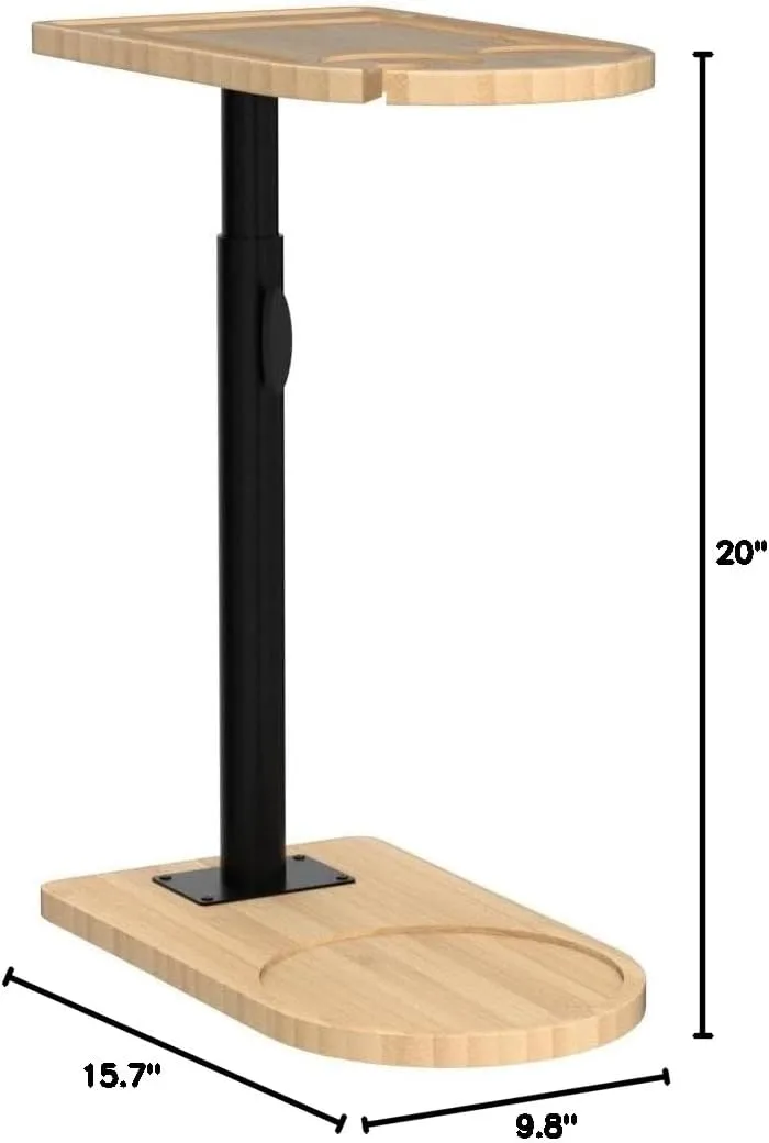 360° Rotatable Sofa Tray Table for Couch Arm - Height Adjustable End Table for Bed or Chair with Phone & Tablet Slots, TV Tray Table, Side Table Tray for Small Spaces（Bamboo,Arc）