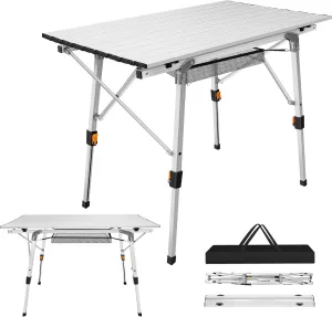 3FT Heavy Duty Camping Table | Folding Portable Aluminium Table | 2 Adjustable Height and Carry Bag | Catering Camping Trestle Picnic Garden Patio BBQ Party Table | White, 90Lx52Wx45/68H CM