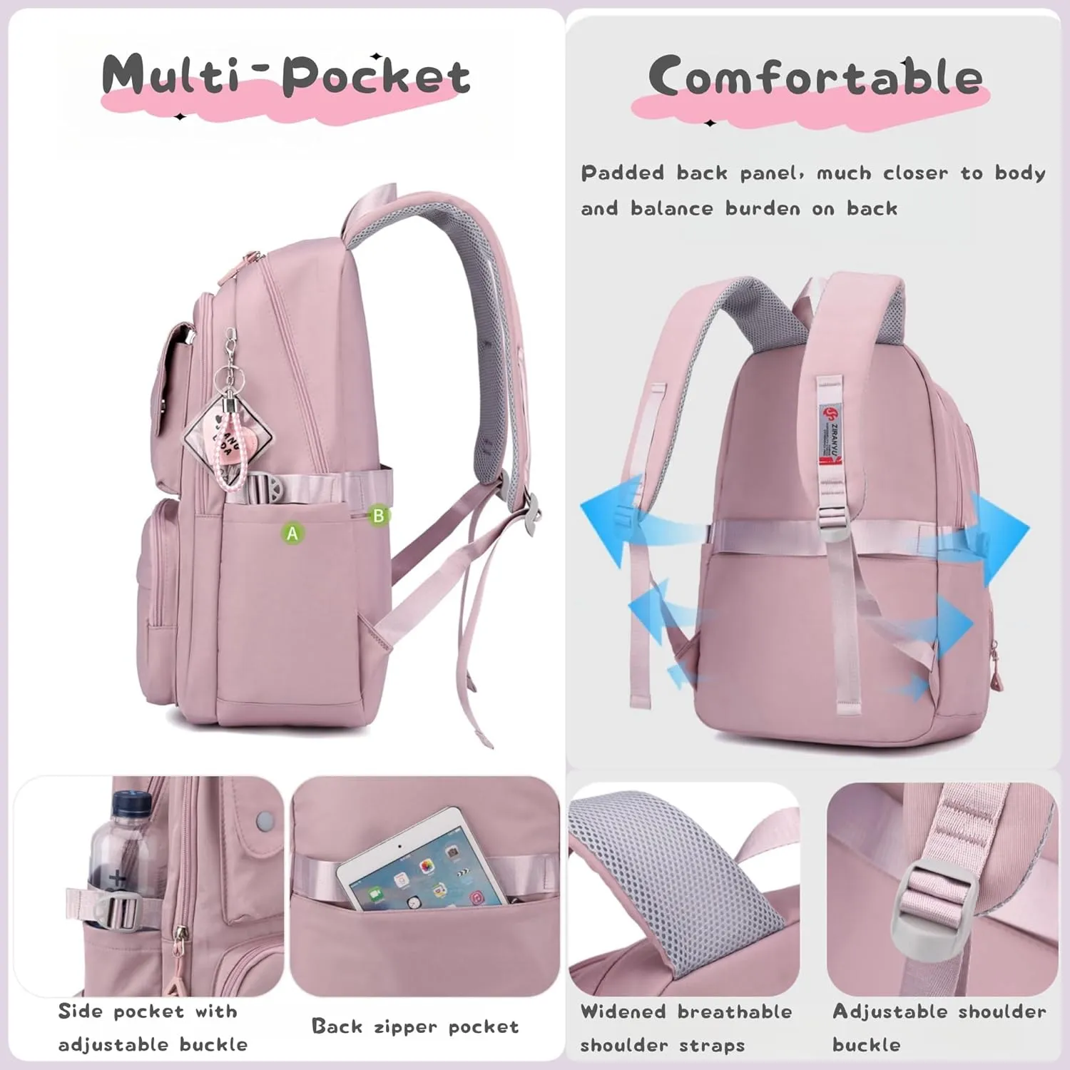 3Pcs Girls Backpack and Lunchbox Set for School Kids, Solid Color School Bag Backpack for Girls with Lunch Bag, Purple