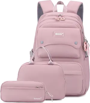 3Pcs Girls Backpack and Lunchbox Set for School Kids, Solid Color School Bag Backpack for Girls with Lunch Bag, Purple