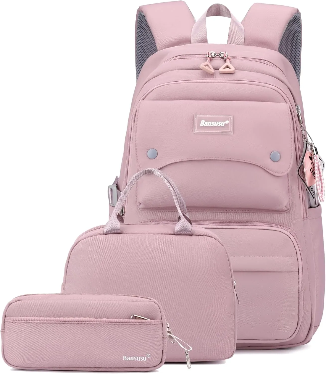 3Pcs Girls Backpack and Lunchbox Set for School Kids, Solid Color School Bag Backpack for Girls with Lunch Bag, Purple